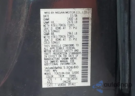 2006 Nissan Xterra S z USA, uszkodzony, nr VIN 5N1AN08W96C530680